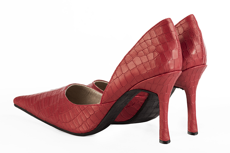 Scarlet red women's open arch dress pumps. Pointed toe. Very high slim heel. Rear view - Florence KOOIJMAN
